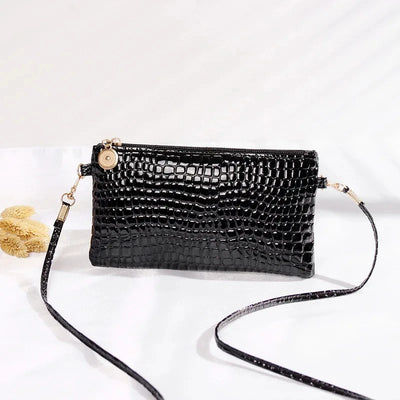 Mini black PU leather crossbody bag with crocodile pattern – luxury women’s shoulder purse for phone and coins