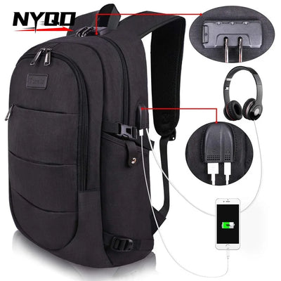 Men’s black fashion college backpack with USB charging port for school, sports, and travel