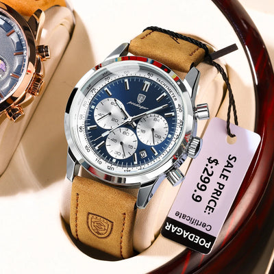 POEDAGAR luxury men’s leather strap quartz chronograph waterproof watch with luminous hands