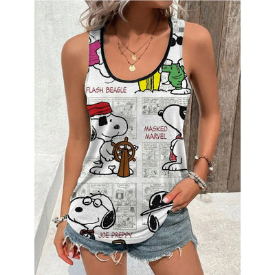 Women’s white Snoopy cartoon print sleeveless tank top – casual summer style