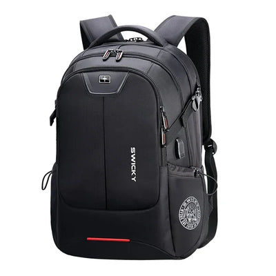 Men’s waterproof 17-inch laptop backpack with USB charging port and anti-theft design for travel, work, and school