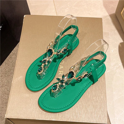 women’s crystal flat sandals, green summer sandals, luxury beach footwear, casual slides mujer, gemstone embellished shoes, vacation sandals, elegant flat slippers I