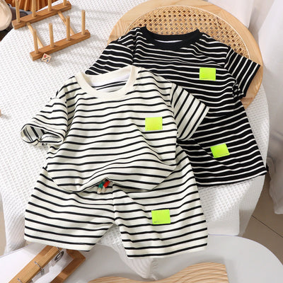 Kids black and white striped summer cotton t-shirt and shorts 2-piece set with neon patch detail
