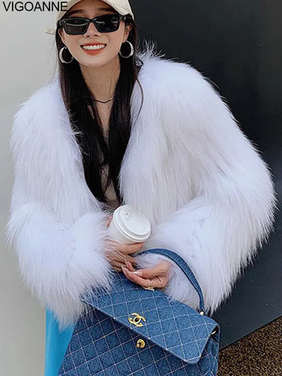 White short faux fur winter coat for women – VigoAnne 2025 fluffy plush jacket