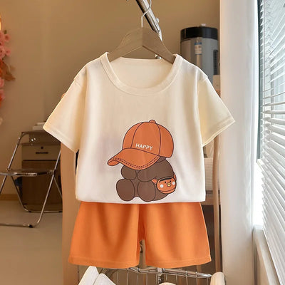 Kids summer cotton clothing set with bear print T-shirt and orange shorts – 2PCS outfit for boys and girls