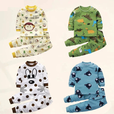 Kids cotton pajamas set with cartoon prints – monkey, dinosaur, bear & polka dot long-sleeve sleepwear for autumn and winter