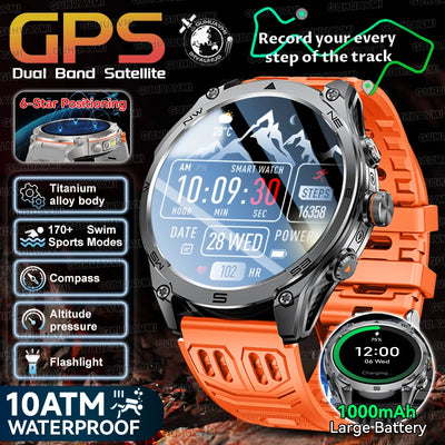 Xiaomi military GPS sports smartwatch with titanium alloy body, 10ATM waterproof rating, dual-band GPS, compass, and orange rugged strap