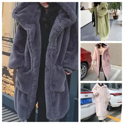 Women’s long hooded faux rabbit fur coat in multiple colors, thick plush winter jacket with pockets