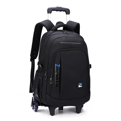 Black waterproof kids rolling school backpack with 2/6 wheels and retractable trolley handle