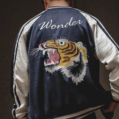 Man wearing reversible tiger embroidered jacket with "Wonder" text in Yokosuka style 🐅🖤