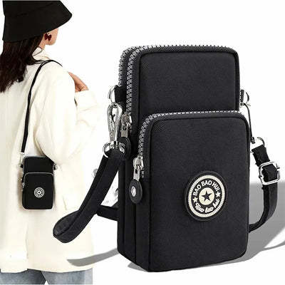 Black nylon waterproof crossbody phone bag with multi-pockets, women’s mini shoulder messenger purse