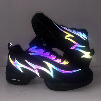 Black women’s reflective lightning sneakers for jazz and modern dance with breathable mesh and PU sole