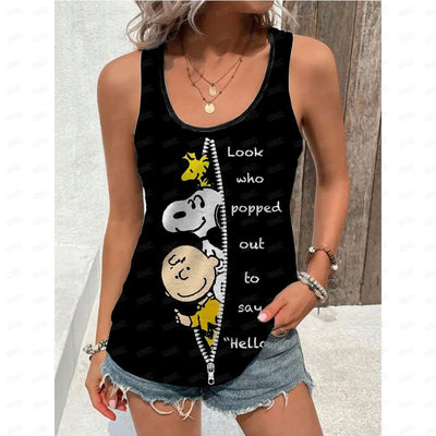 Women's black cartoon Snoopy tank top – sleeveless summer tee with zipper print