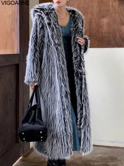 Women’s VigoAnne 2025 black and silver hooded long faux fur coat – winter plush warm outwea