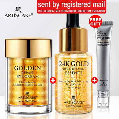 ARTISCARE 24K Gold Skin Care Set – Eye Cream, Face Essence & Anti-Wrinkle Eye Serum for Dark Circles & Hydration