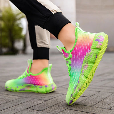 Colorful unisex breathable running shoes with rainbow gradient design, non-slip EVA sole, and lightweight mesh upper