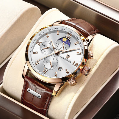 LIGE Design luxury men’s watch with moonphase display, rose gold case, leather strap, and chronograph