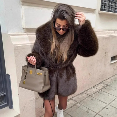 Women’s vintage brown faux fur coat with lapel collar and hidden pockets – thick warm winter jacket