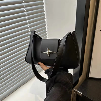 Black Y2K small PU leather shoulder bag with silver star detail – women’s vintage underarm purse 2025