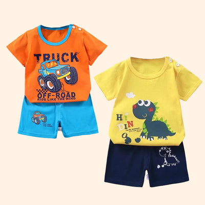 Kids summer outfit set with cartoon truck and dinosaur print cotton T-shirt and shorts for toddlers