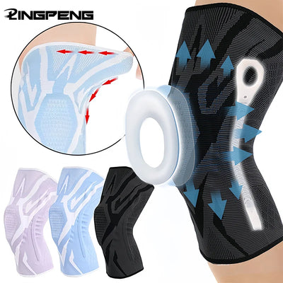 Elastic knee brace with silicone pads and spring support for sports and injury protection