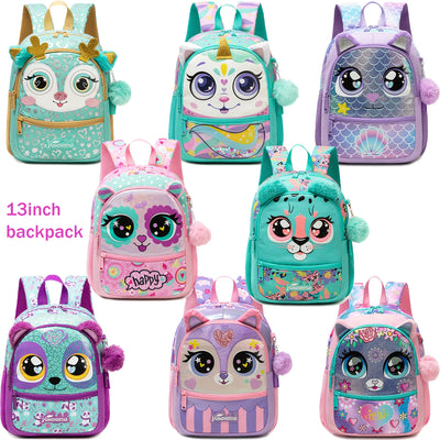 Cute glitter mermaid cat kids backpack with plush pom-pom pendant for girls ages 4–6