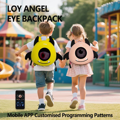 LOY Angel Eye LED backpack with app-controlled display, waterproof ABS shell, and monster-eye design for kids