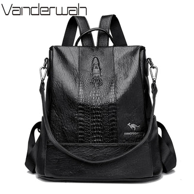 Women's crocodile pattern black leather backpack with large capacity and fashion design – ideal for school or travel
