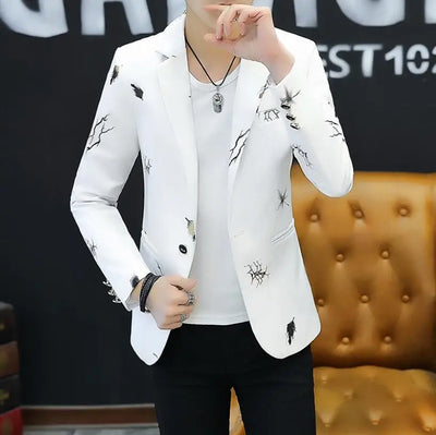 Men’s white slim fit blazer with cracked graphic print – bold streetwear jacket 🔥🧥