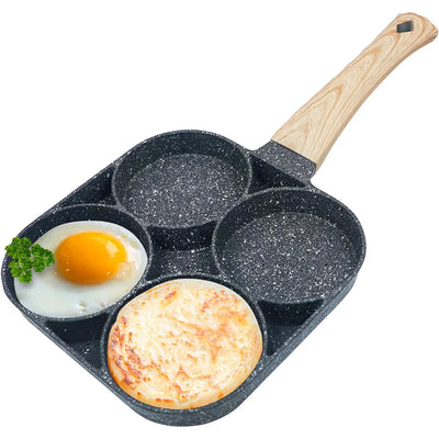Nonstick 4-cup egg frying pan with wooden handle for gas and induction cookers