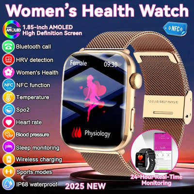 Gold women’s smartwatch with AMOLED display, NFC, HRV & PPG health tracking, waterproof design, and elegant mesh strap