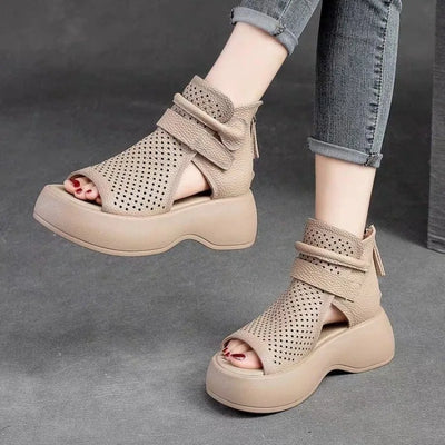 Women’s retro hollow sandal boots with breathable perforated design and thick sole – summer comfort shoes