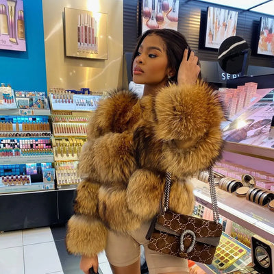 HOOOFUR brown faux fur coat with thick fox raccoon style – women’s winter luxury jacket